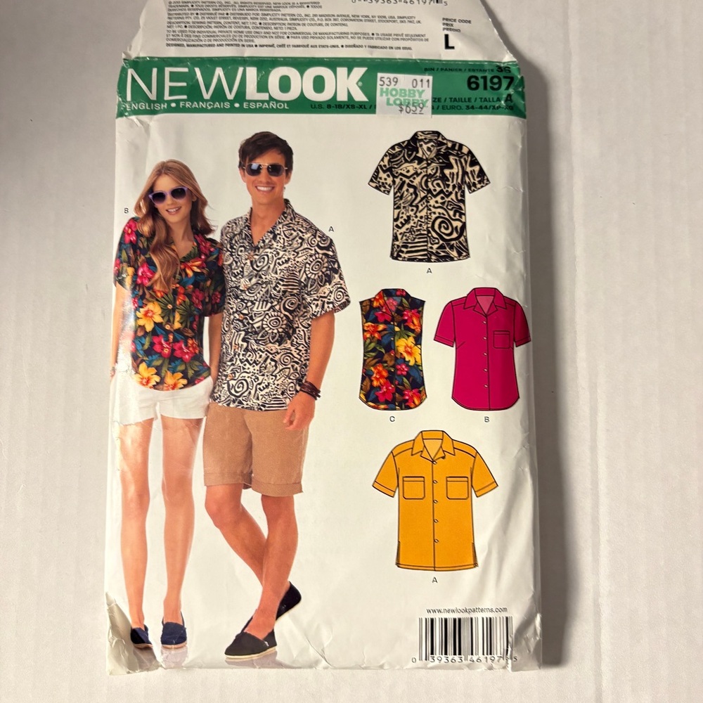Simplicity New Look Pattern 6197 A for Men’s and Misses’ Shirts